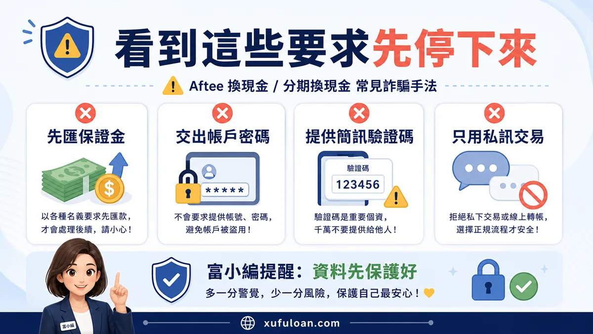 Aftee 換現金防詐提醒,先匯保證金、交出帳戶密碼、提供驗證碼或只用私訊交易都要先停下。