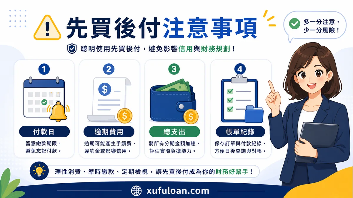 先買後付注意事項，提醒確認付款日、逾期費用、總支出與帳單紀錄。