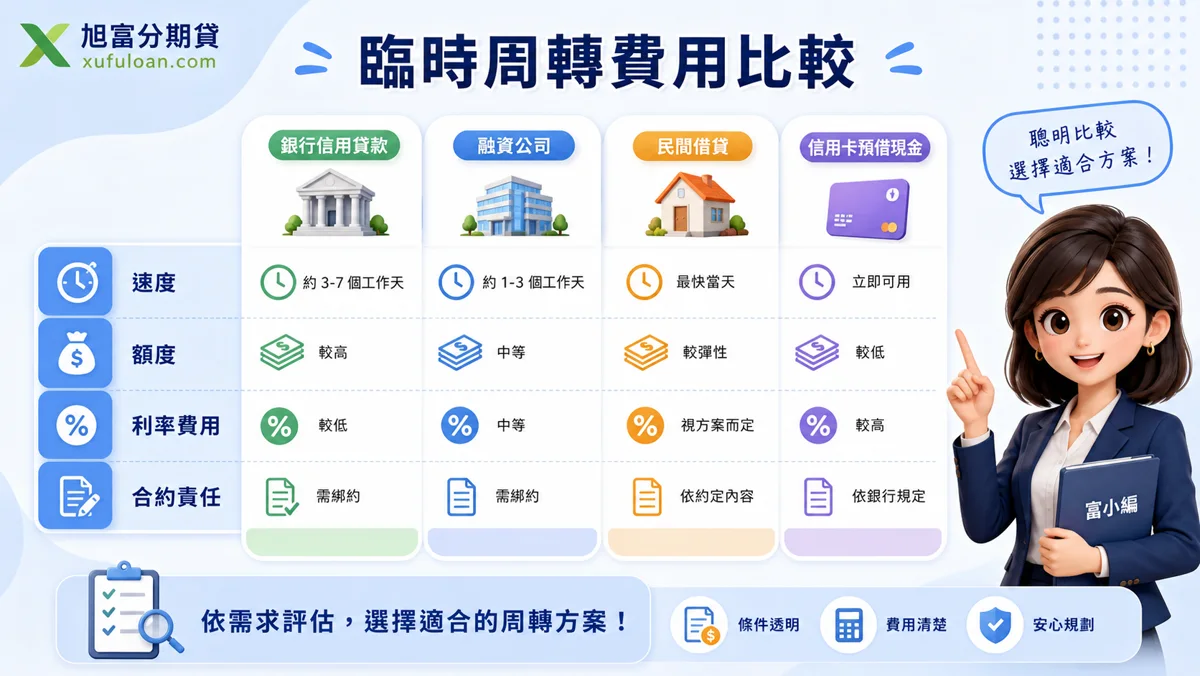 臨時周轉費用比較圖，提醒速度、額度、利率費用、合約責任。