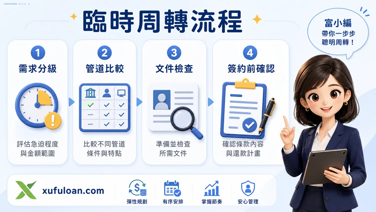 臨時周轉流程圖，提醒需求分級、管道比較、文件檢查、簽約前確認。