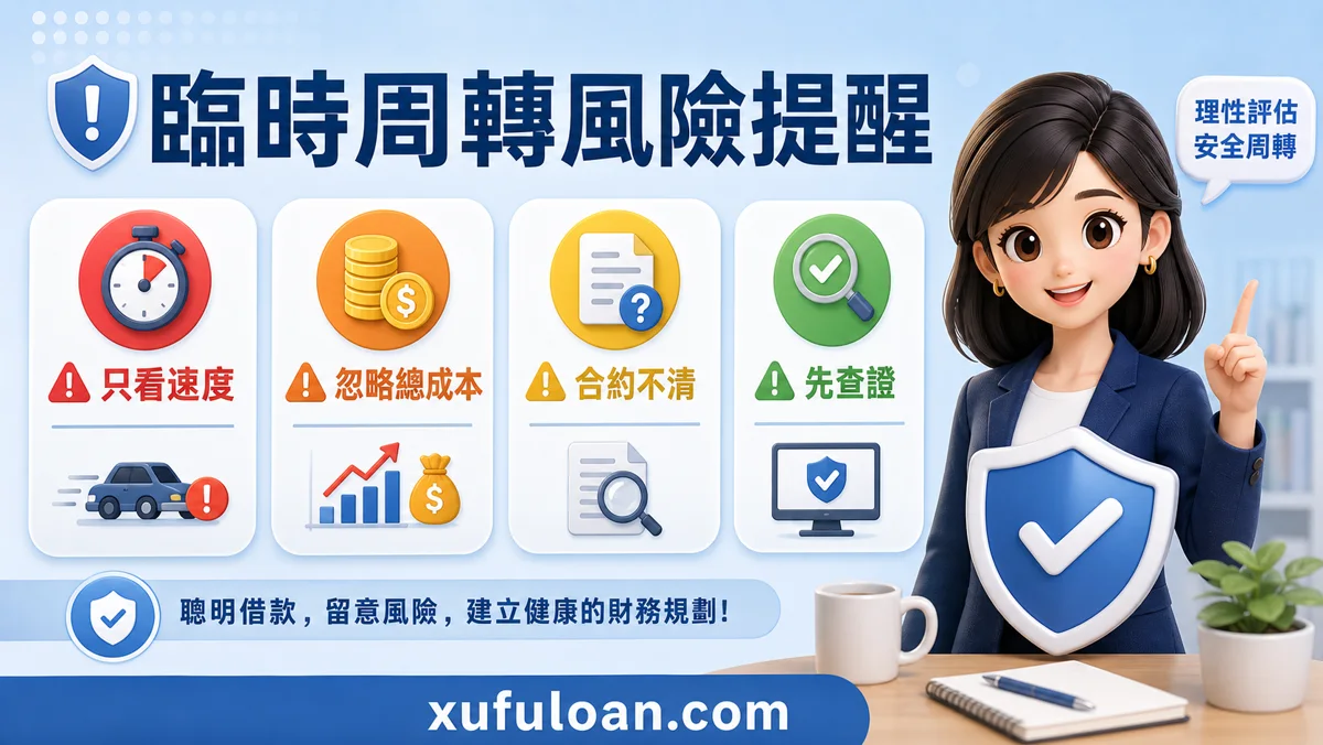 臨時周轉風險提醒，包含只看速度、忽略總成本、合約不清。