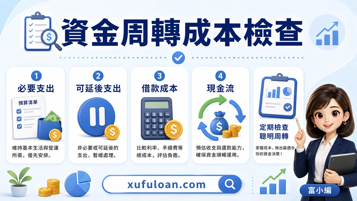 資金周轉困難費用比較圖，提醒必要支出、可延後支出、借款成本、現金流。