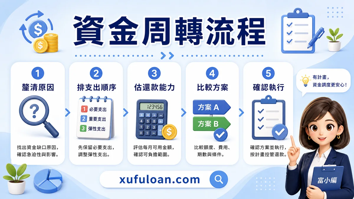 資金周轉困難流程圖，提醒釐清原因、排支出順序、估還款能力、比較方案。