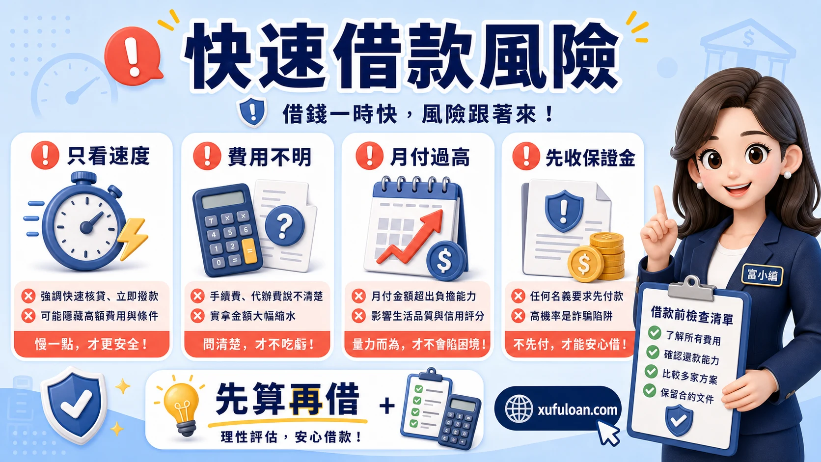 快速借款風險提醒，包含只看速度、費用不明、月付過高與先收保證金。