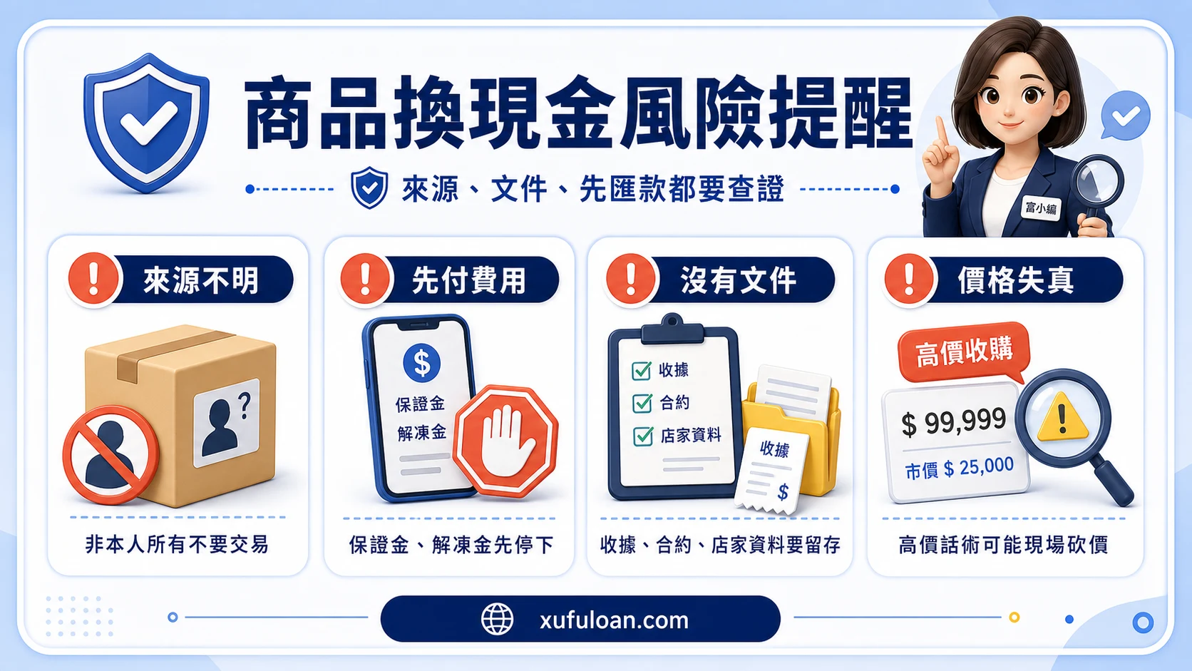 商品換現金風險提醒,包含來源不明、先付費用、沒有文件與價格失真。