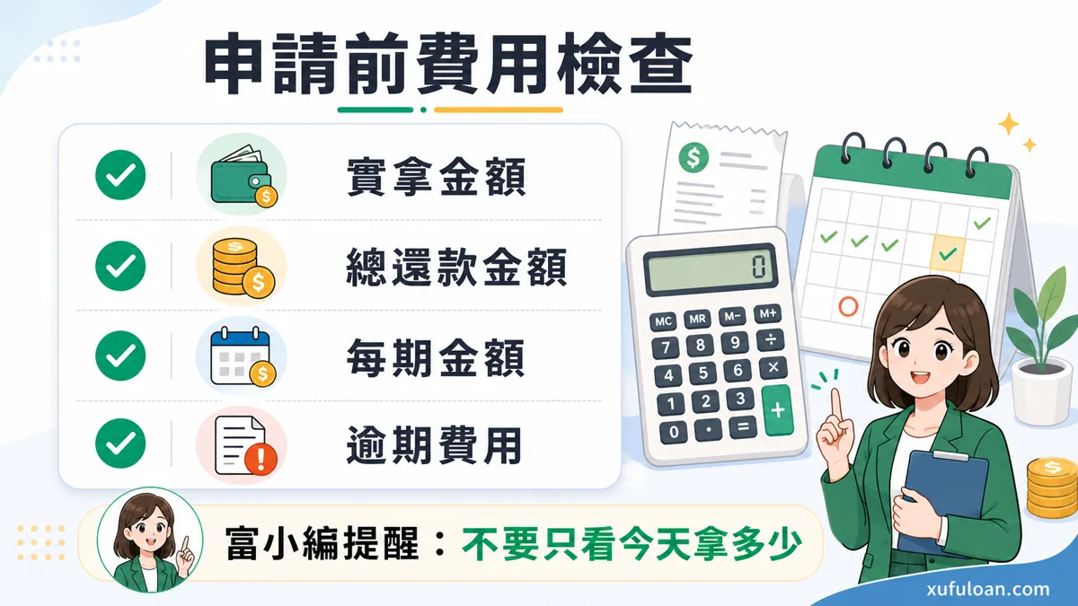 後支付換現金申請前檢查表,提醒確認實拿金額、總還款金額與防詐重點。