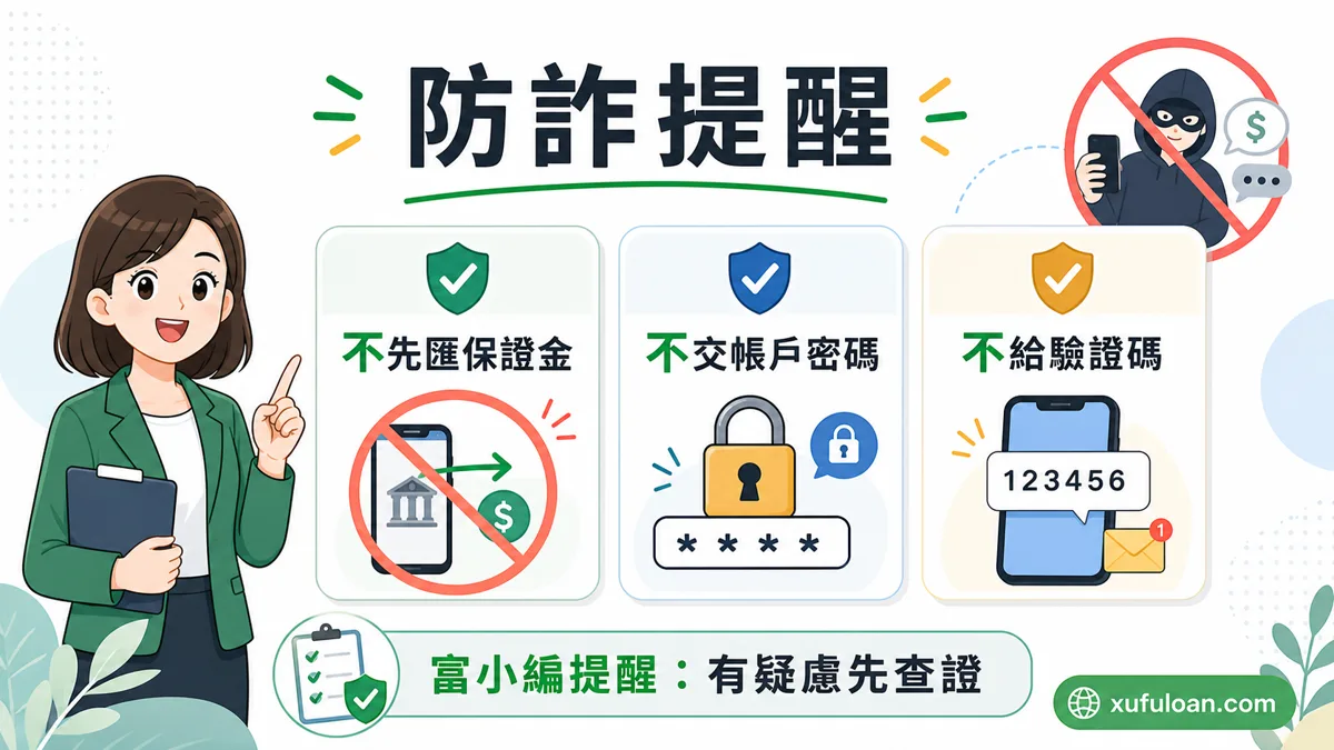 富小編提醒後支付換現金防詐重點,不先匯保證金、不交帳戶密碼、不給驗證碼。