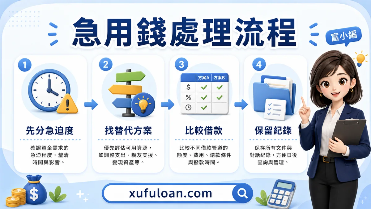 急用錢怎麼辦流程圖，提醒先分急迫度、找替代方案、比較借款、保留紀錄。