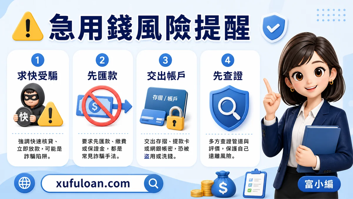 急用錢怎麼辦風險提醒，包含求快受騙、先匯款、交出帳戶。