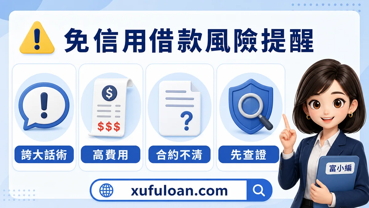 免信用借款風險提醒，包含誇大話術、高費用、合約不清。