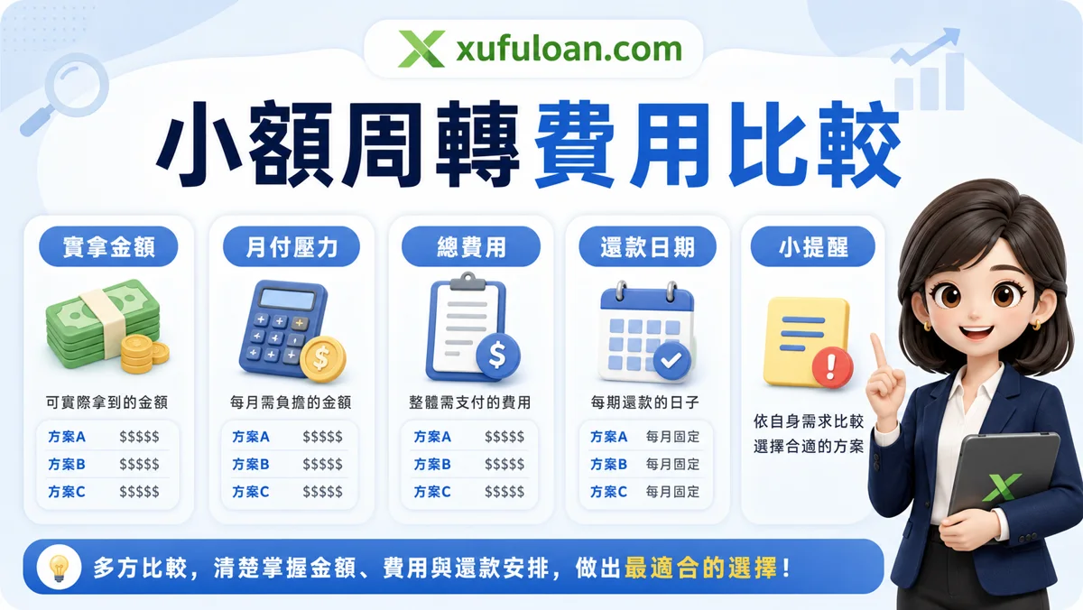 小額周轉費用比較圖，提醒實拿金額、月付壓力、總費用、還款日期。