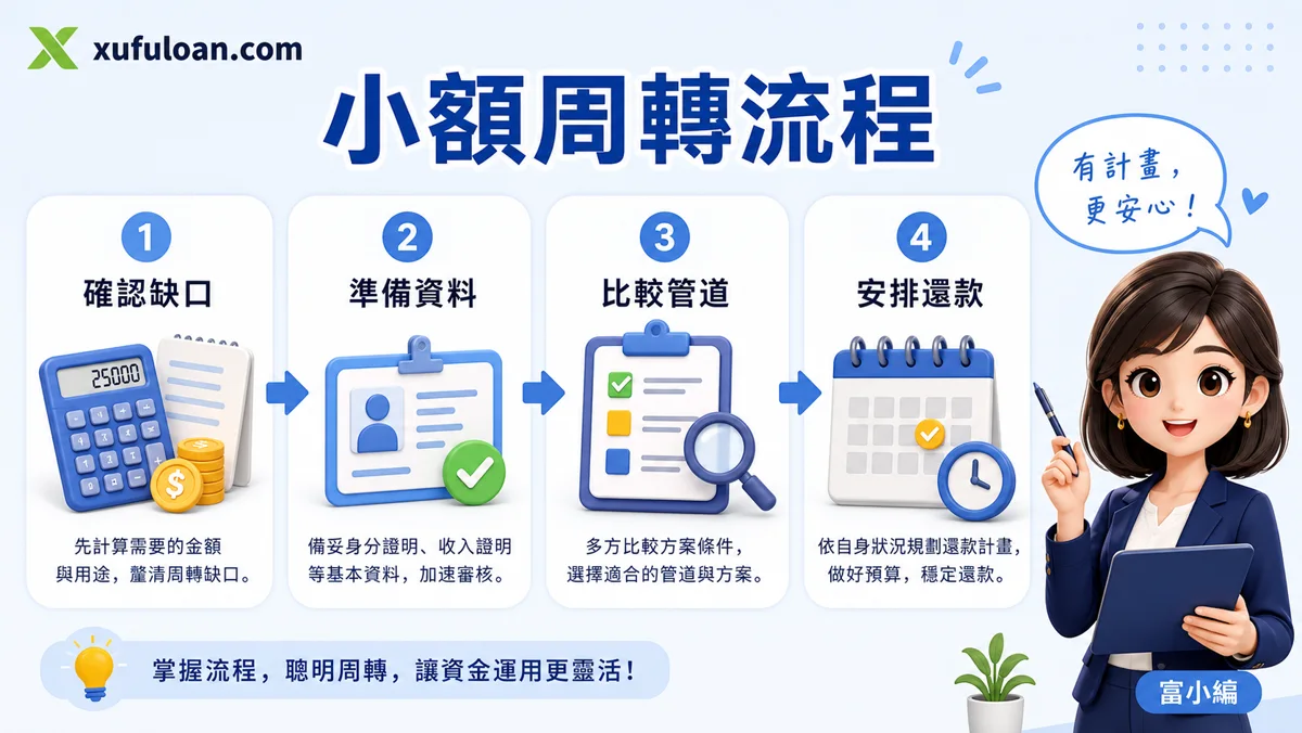 小額周轉流程圖，提醒確認缺口、準備資料、比較管道、安排還款。