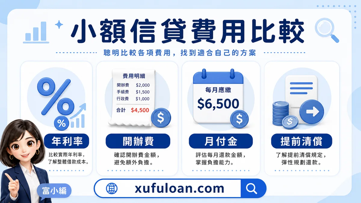 小額信貸費用比較圖，提醒年利率、開辦費、月付金、提前清償。