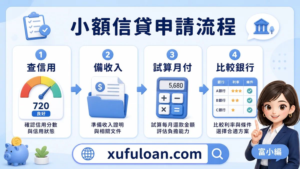 小額信貸流程圖，提醒查信用、備收入、試算月付、比較銀行。