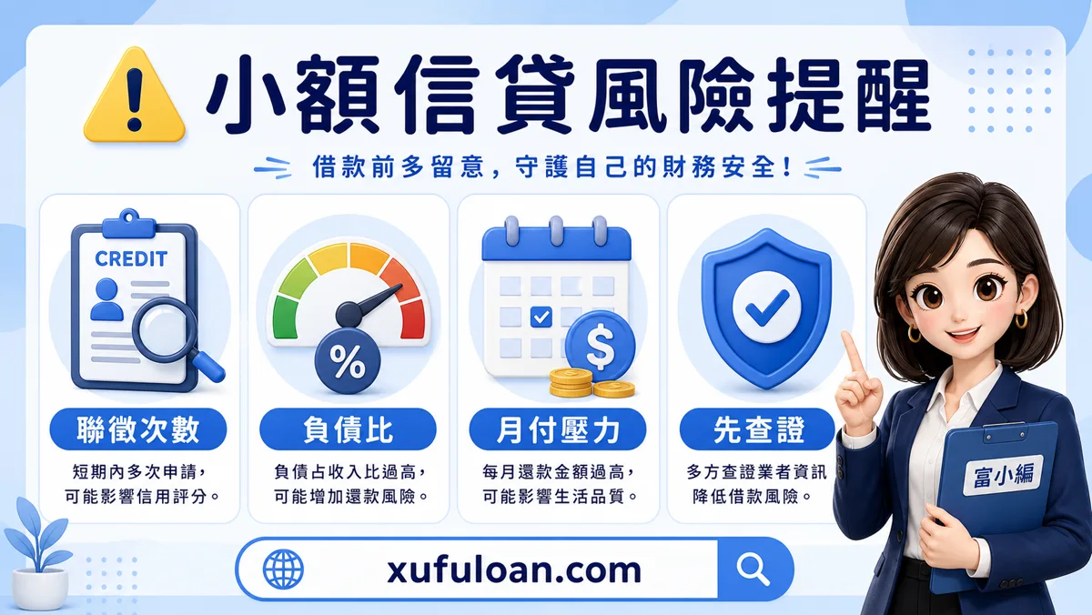 小額信貸風險提醒，包含聯徵次數、負債比、月付壓力。