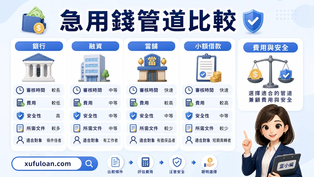 急用錢費用比較圖,提醒銀行、融資、當舖、小額借款比較。