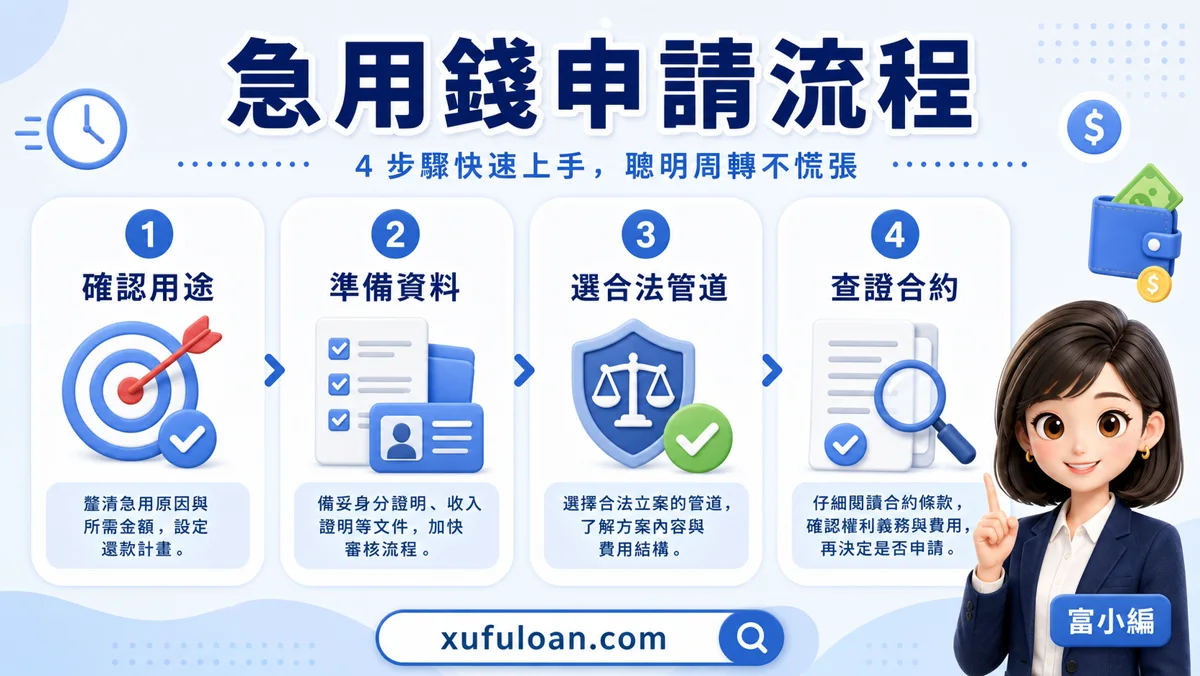 急用錢流程圖,提醒確認用途、準備資料、選合法管道、查證合約。