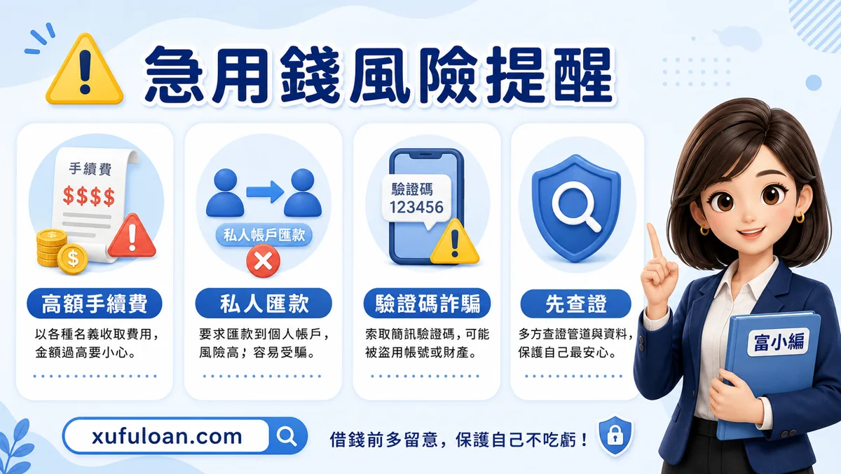 急用錢風險提醒,包含高額手續費、私人匯款、驗證碼詐騙。