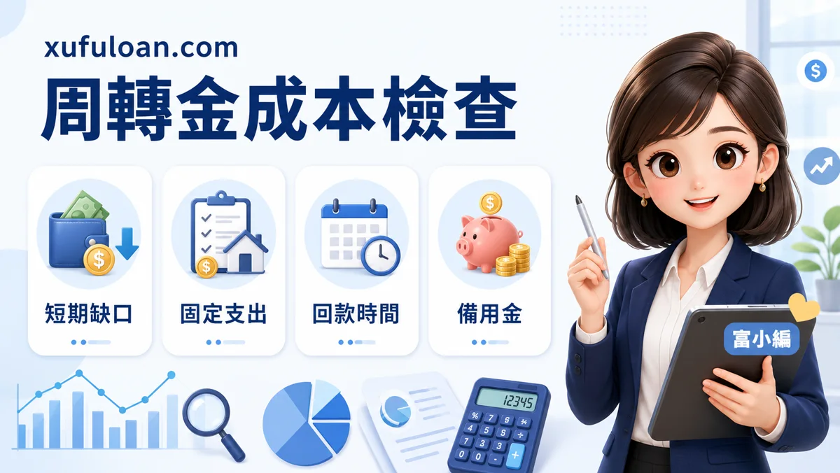 周轉金費用比較圖，提醒短期缺口、固定支出、回款時間、備用金。
