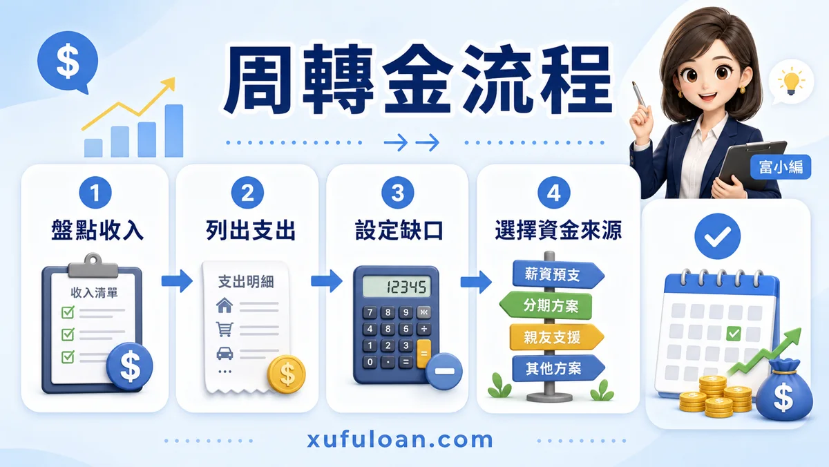 周轉金流程圖，提醒盤點收入、列出支出、設定缺口、選擇資金來源。