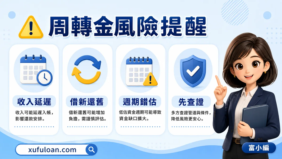 周轉金風險提醒，包含收入延遲、借新還舊、週期錯估。