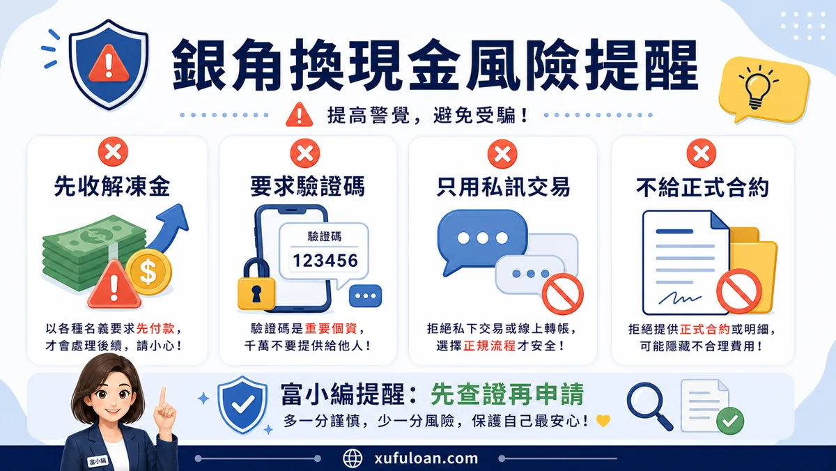 銀角換現金風險提醒,先收解凍金、要求驗證碼、只用私訊交易或不給正式合約都要先查證。