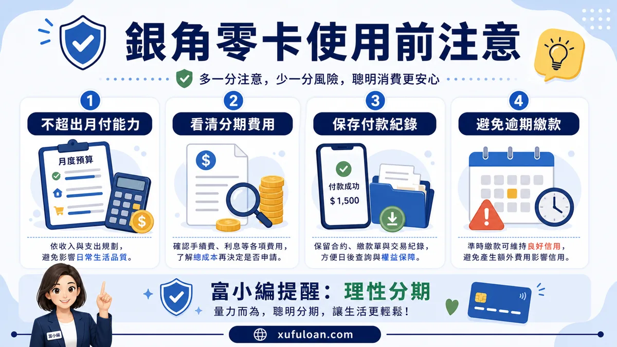銀角零卡使用風險提醒,不超出月付能力、看清分期費用、保存付款紀錄與避免逾期繳款。