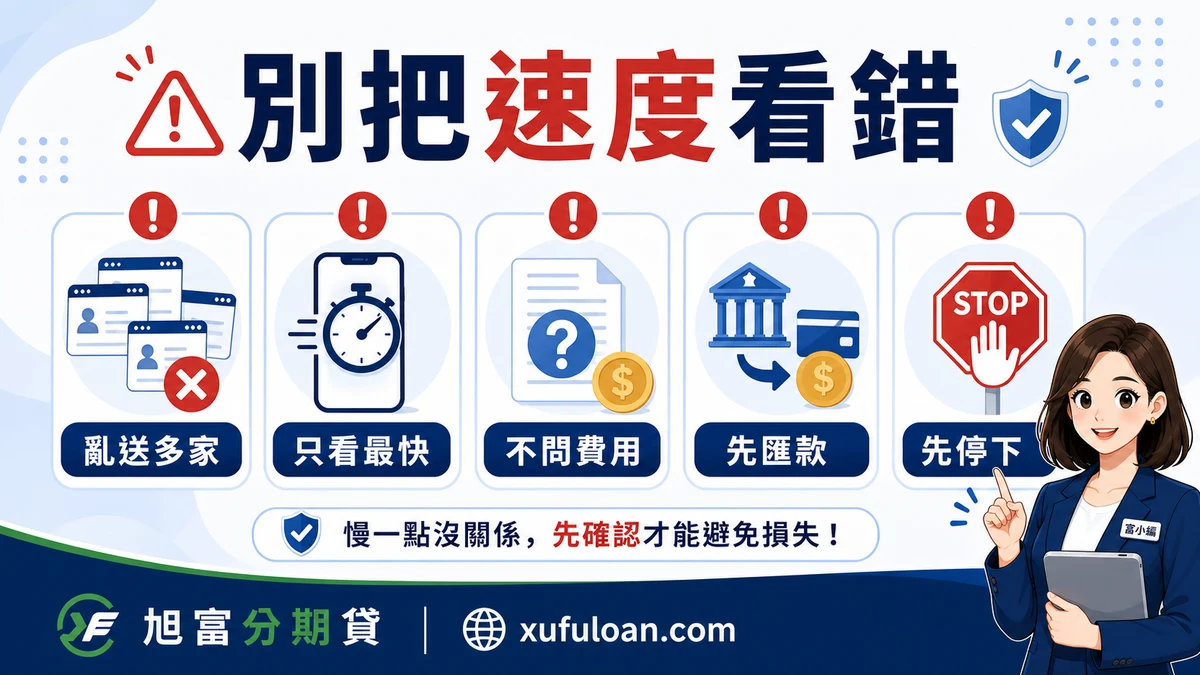 借款速度誤判提醒，包含亂送多家、只看最快、不問費用、先匯款與先停下。