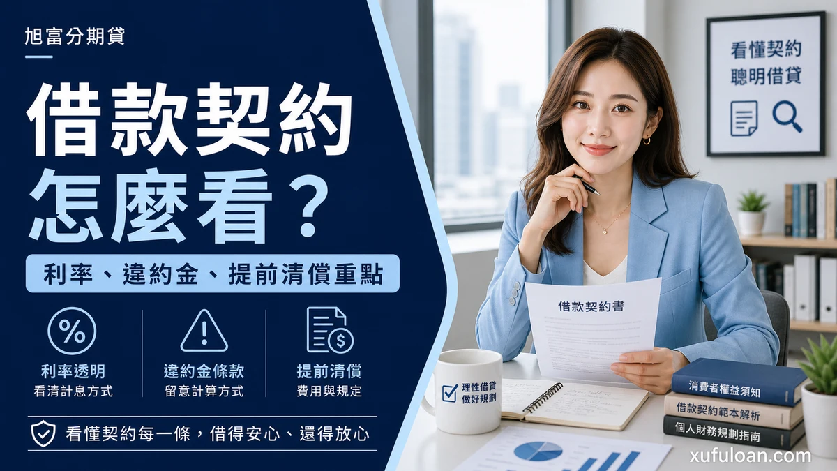 旭富分期貸借款契約檢查文章封面,整理利率、違約金、提前清償與必看條款。