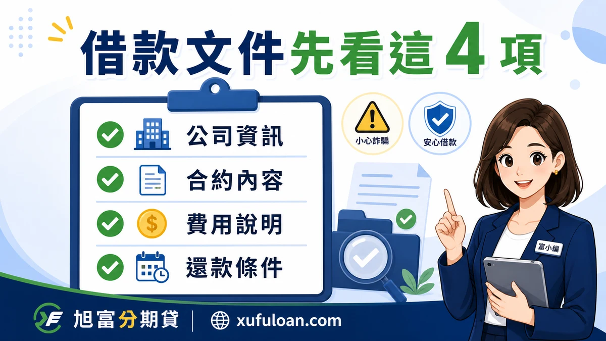 借款文件檢查清單,包含公司資訊、合約內容、費用說明與還款條件。