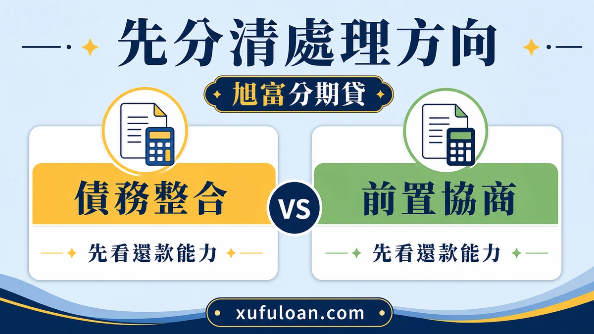 債務整合與前置協商比較圖,提醒先看還款能力。