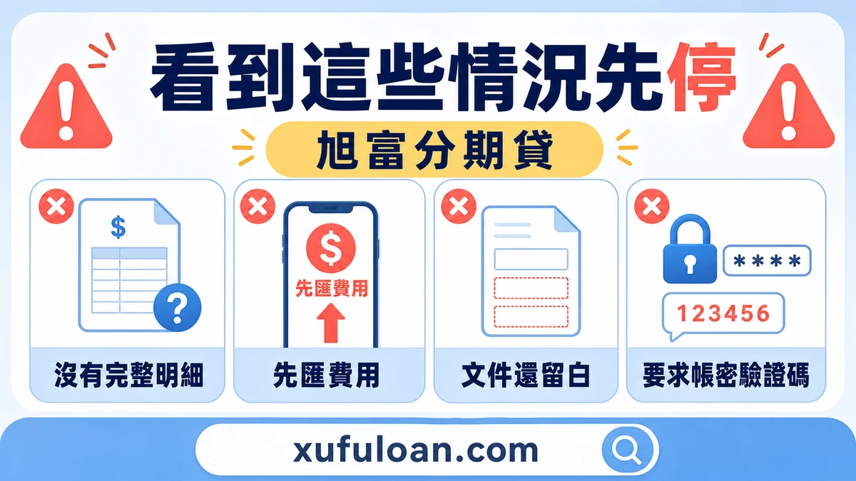 民間借款風險提醒圖，列出沒有完整明細、先匯費用、文件留白與帳密驗證碼。