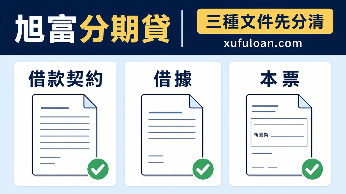 借款文件比較圖,整理借款契約、借據與本票三種文件。