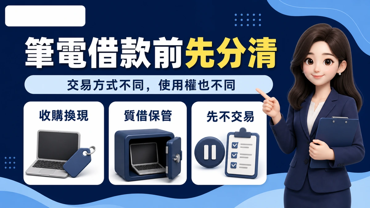 筆電借款前先分清收購換現、質借保管與先不交易的資訊圖。