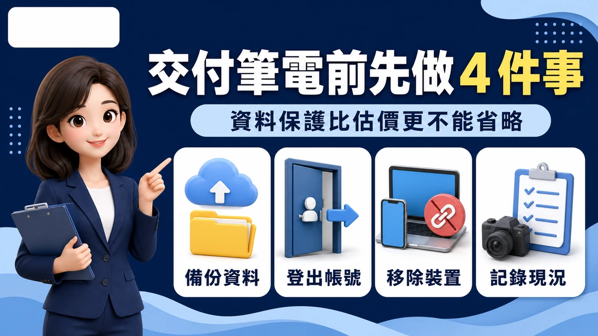 交付筆電前備份資料、登出帳號、移除裝置與記錄現況的資訊圖。