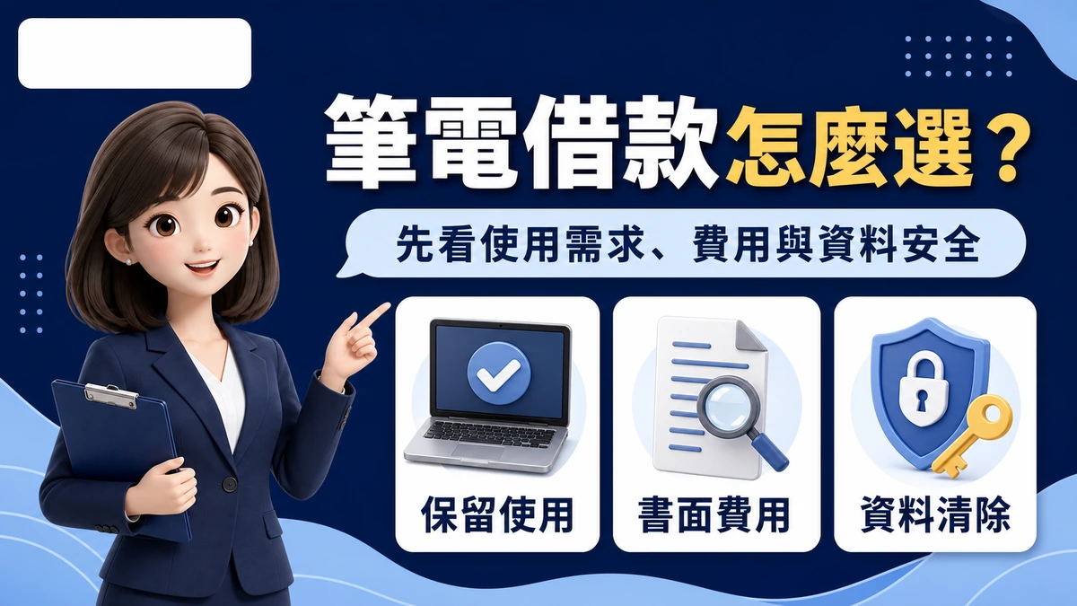 筆電借款怎麼選的資訊圖,提醒先看保留使用、書面費用與資料清除。